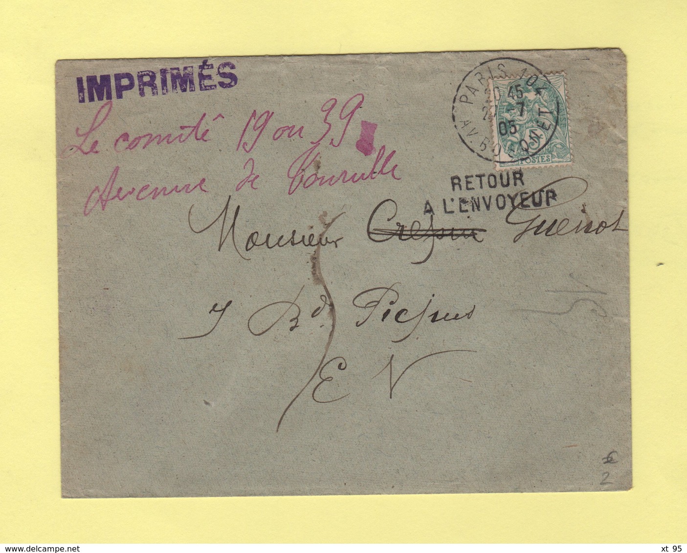 Type Blanc - Paris - Imprime En Retour A L Envoyeur - 1905 - 1877-1920: Periodo Semi Moderno