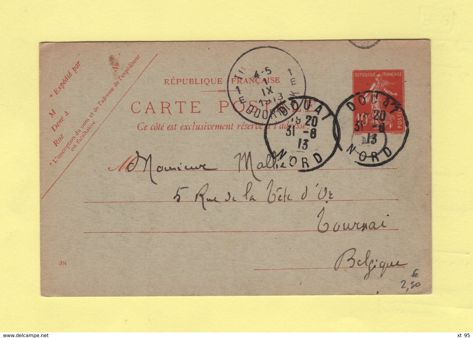 Type Semeuse - Douai - Nord - Entier Postal Destination Tournai Belgique - 1913 - 1877-1920: Periodo Semi Moderno