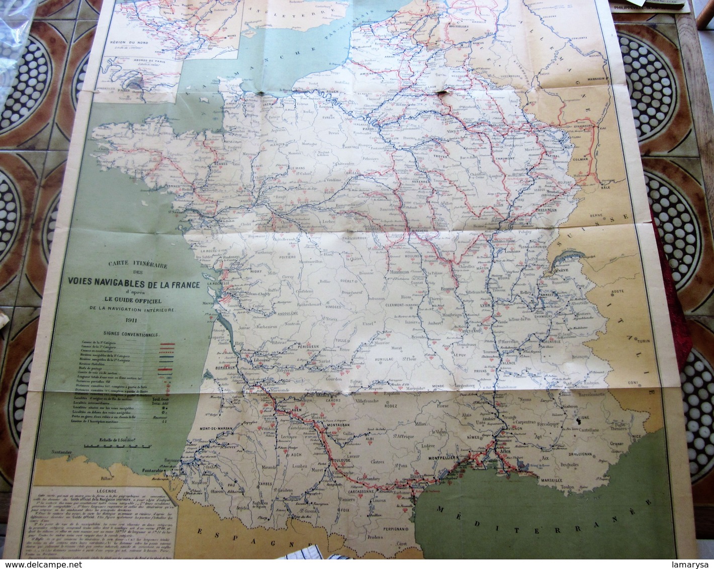 1911 CARTE ITINÉRAIRE VOIES NAVIGABLES DE FRANCE D’APRÈS GUIDE OFFICIEL NAVIGATION INTÉRIEURE éditeurs Berger Levrault - Zeekaarten