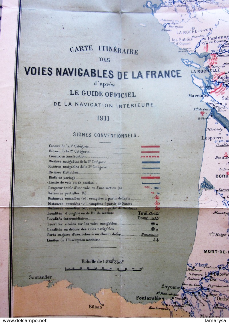 1911 CARTE ITINÉRAIRE VOIES NAVIGABLES DE FRANCE D’APRÈS GUIDE OFFICIEL NAVIGATION INTÉRIEURE éditeurs Berger Levrault - Zeekaarten