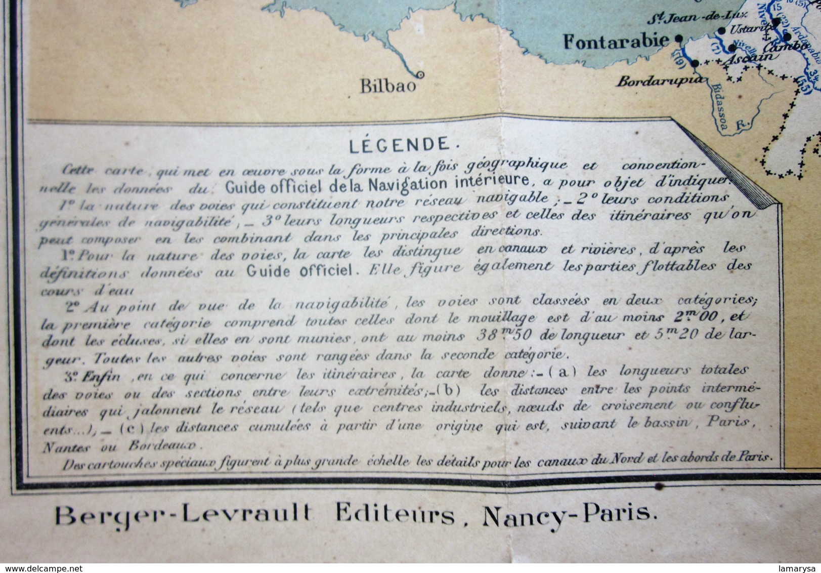 1911 CARTE ITINÉRAIRE VOIES NAVIGABLES DE FRANCE D’APRÈS GUIDE OFFICIEL NAVIGATION INTÉRIEURE éditeurs Berger Levrault