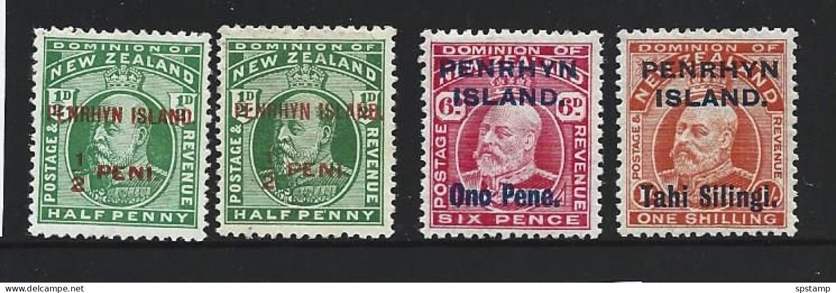 Penrhyn Island 1914 EVII Overprint Set Of 4 , 3 Extra Pairs Of 1/2d With No Stop Varieties All MLH - Penrhyn