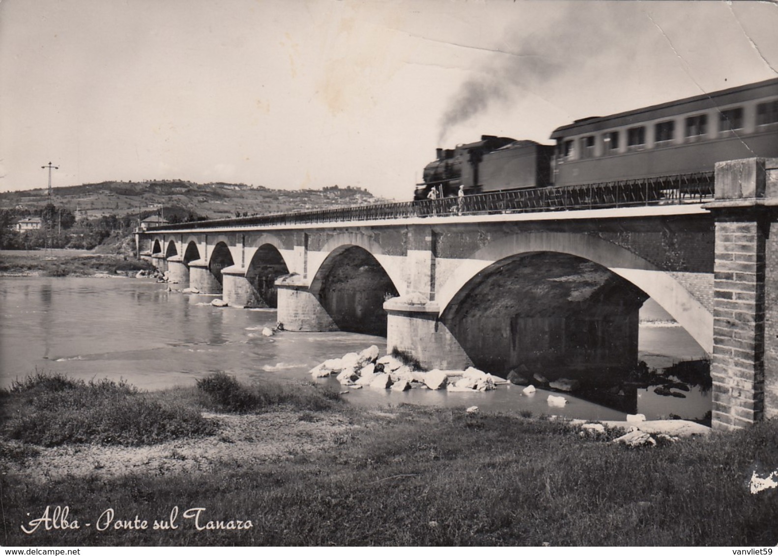 ALBA-CUNEO-PONTE SUL TANARO-PASSAGGIO TRENO FUMANTE-CARTOLINA VERA FOTOGRAFIA  NON VIAGGIATA-ANNO 1950-1955 - Cuneo