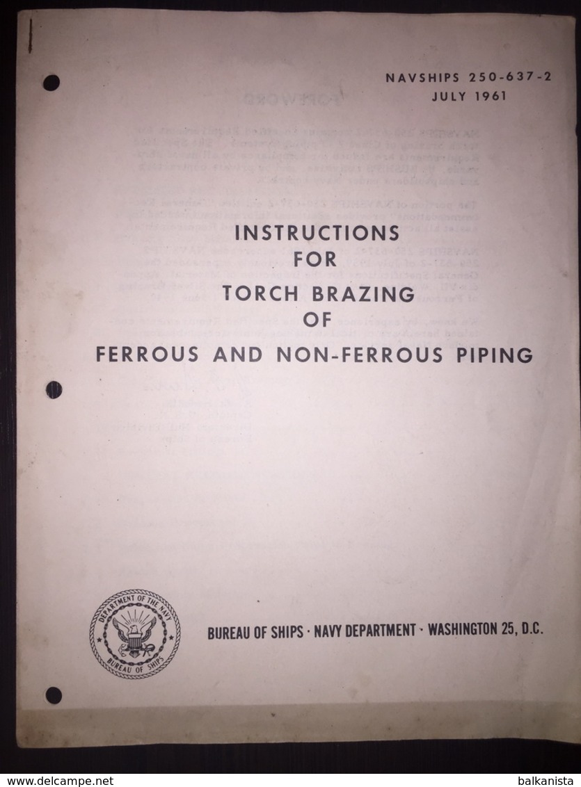Instructions For Torch Brazing Of Ferrous And Non-Ferrous Piping 1961 Bureau Of Ships Navy Department - Forces Armées Américaines