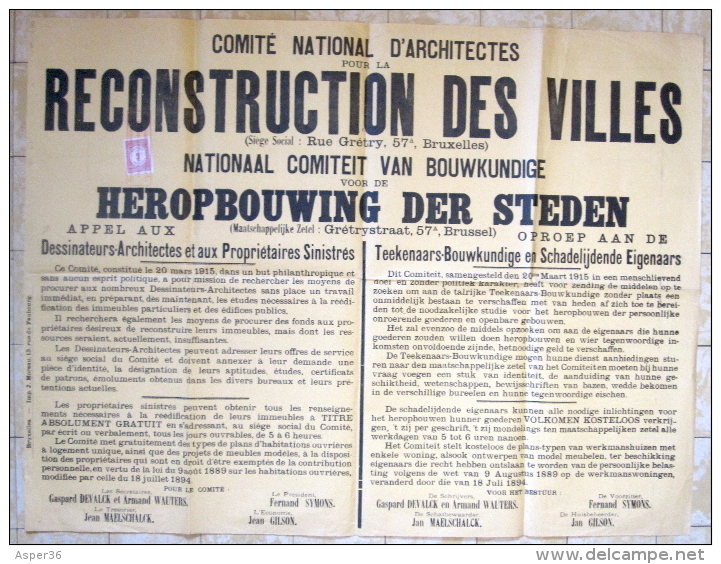 Affiche Original "Reconstruction Des Villes  / Heropbouwing Der Steden" 1915 - 1914-18