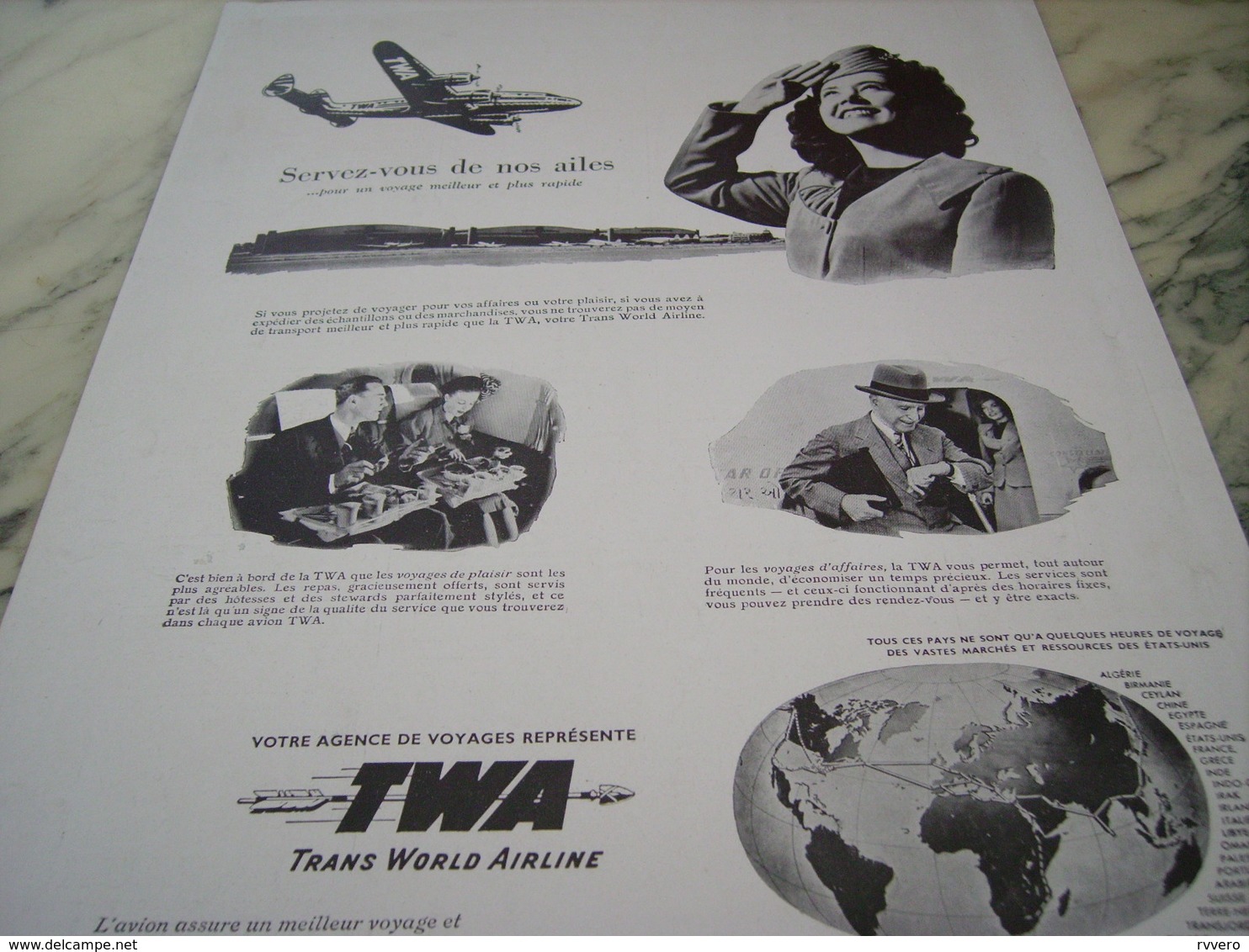 ANCIENNE PUBLICITE SERVEZ VOUS DE NOS AILES   TWA  1947 - Advertisements