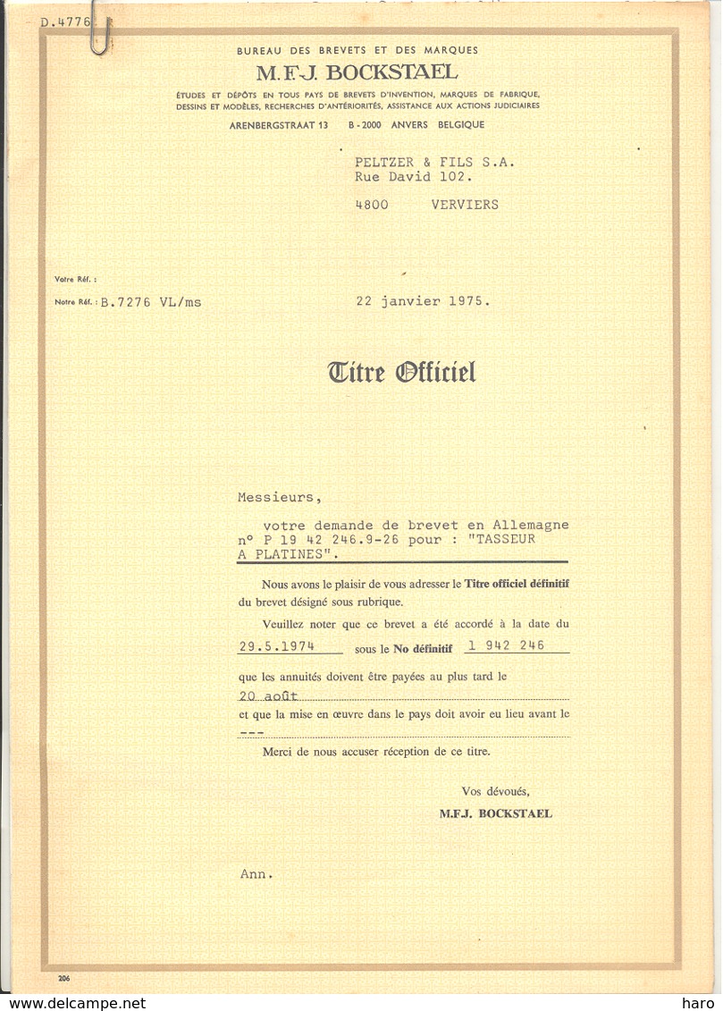 Brevet (Dossier Complet) Déposé Par SA PELTZER & Fils 1969  "Tasseur à Platines " Allemagne - Textile, Veviers (jm) - Kleidung & Textil