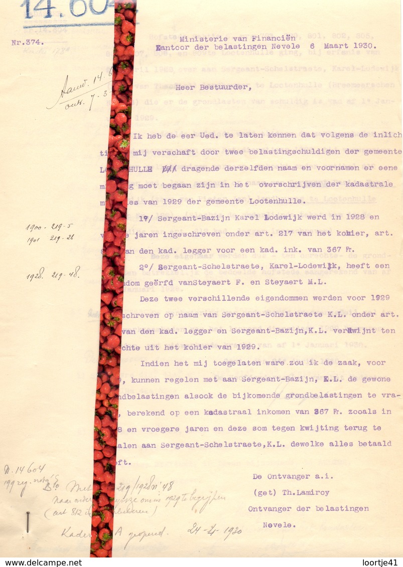 Brief Lettre - Ontvanger Lamiroy Nevele Ivm Eigendommen Sergeant - Lotenhulle - Naar Kadaster 1930 - Non Classés