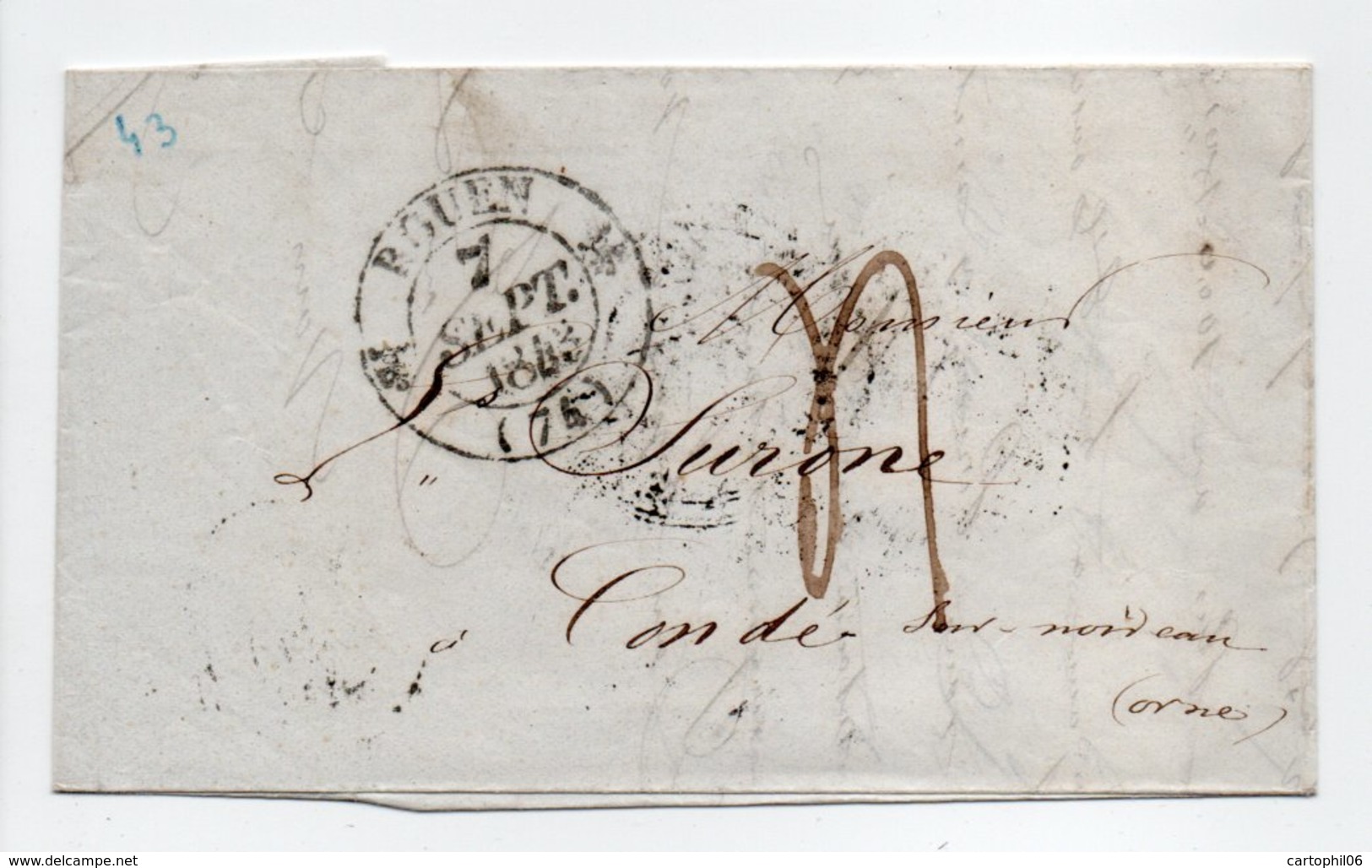 - Lettre ROUEN Pour Condé-sur-Noireau (Orne / Calvados) 7.9.1843 - Taxe Manuscrite 4 Décimes - A ETUDIER - - 1801-1848: Précurseurs XIX