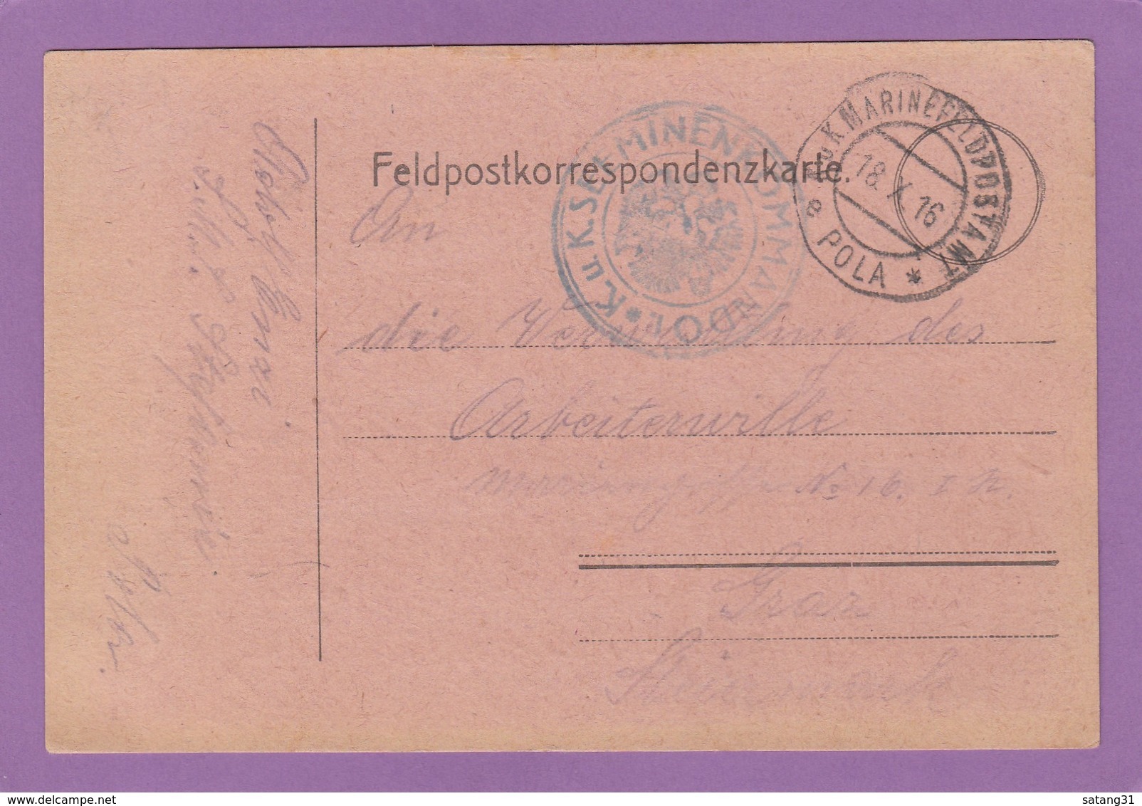 K.U.K. MINEN KOMMANDO,MARINE FELDPOST,POLA(KROATIEN)1916. - Lettres & Documents