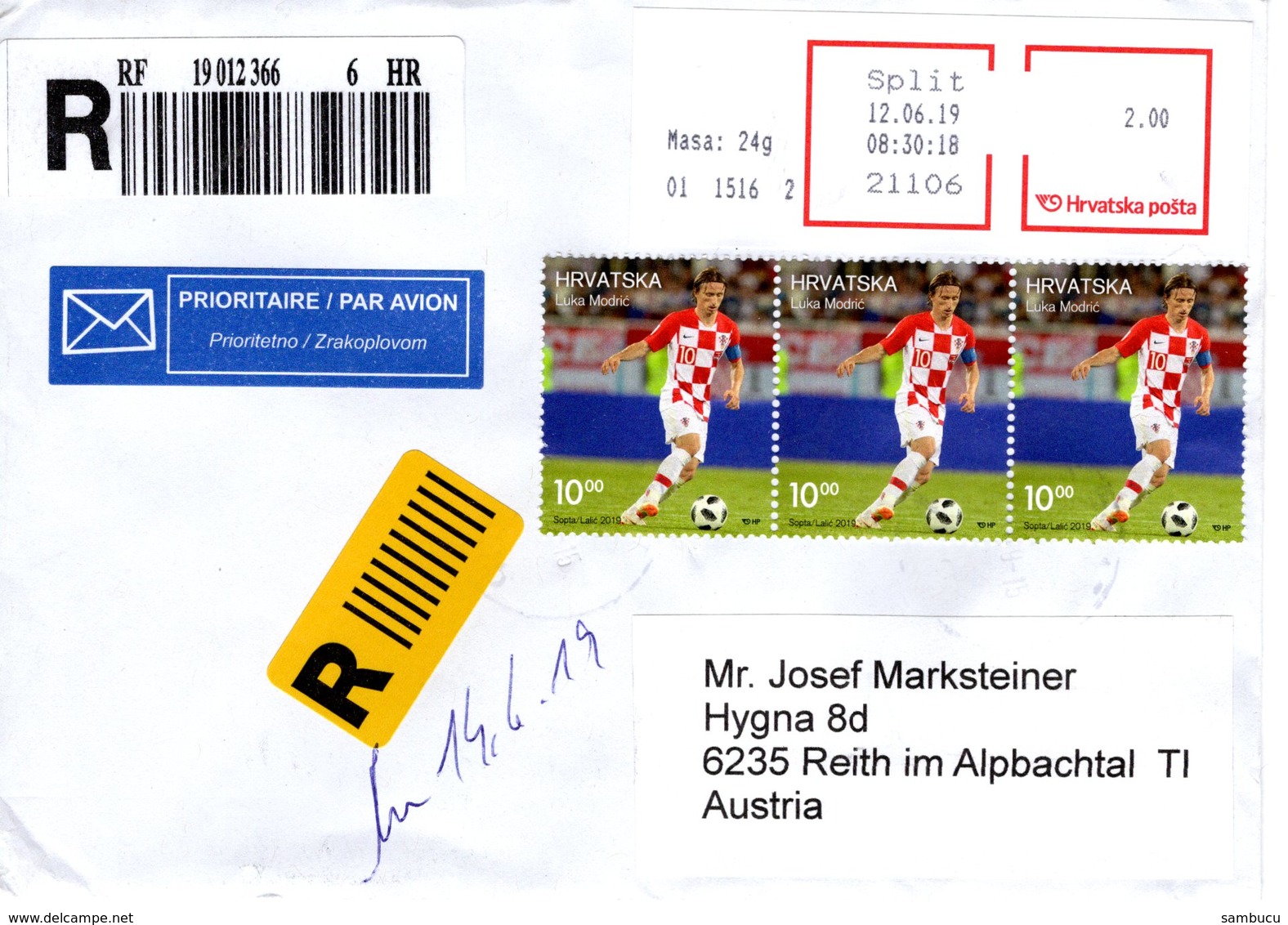 Auslands- Rekobrief Von 21106 Split Mit 3x 10 Kuna Luka Modric Modrić Fußball 2019 - Croatie