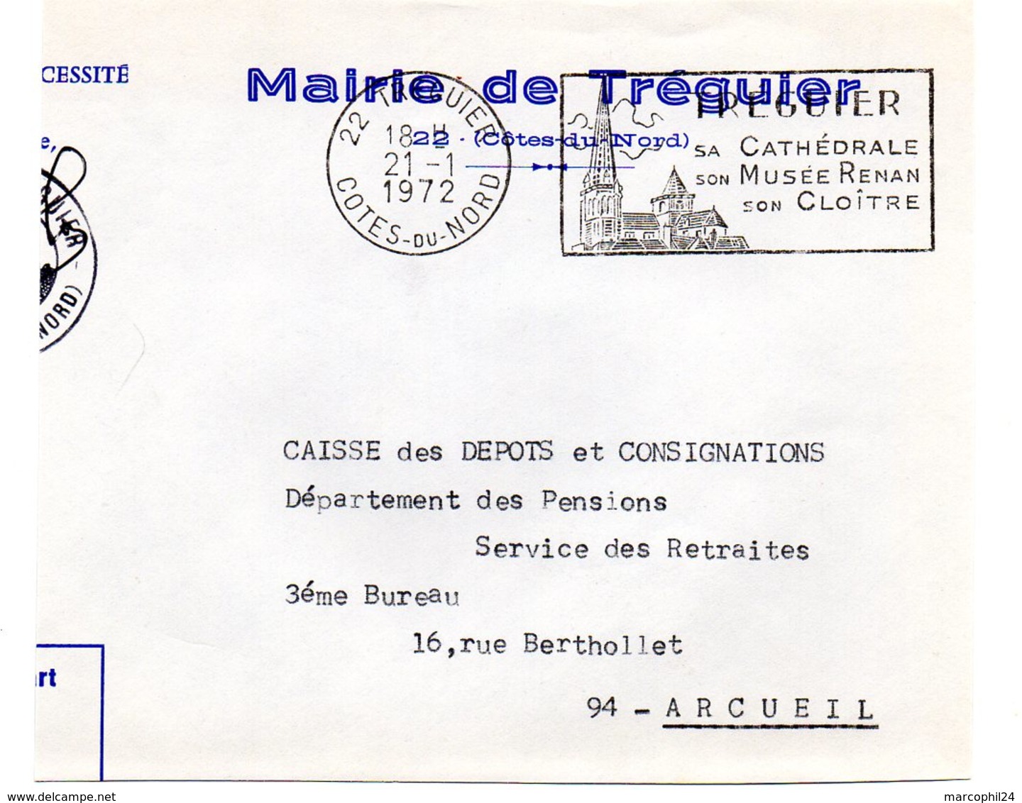 COTES Du NORD - Dépt N° 22 = TREGUIER 1972 = FLAMME SECAP Illustrée  'CATHEDRALE / MUSEE RENAN' FRANCHISE De MAIRIE - Lettres Civiles En Franchise