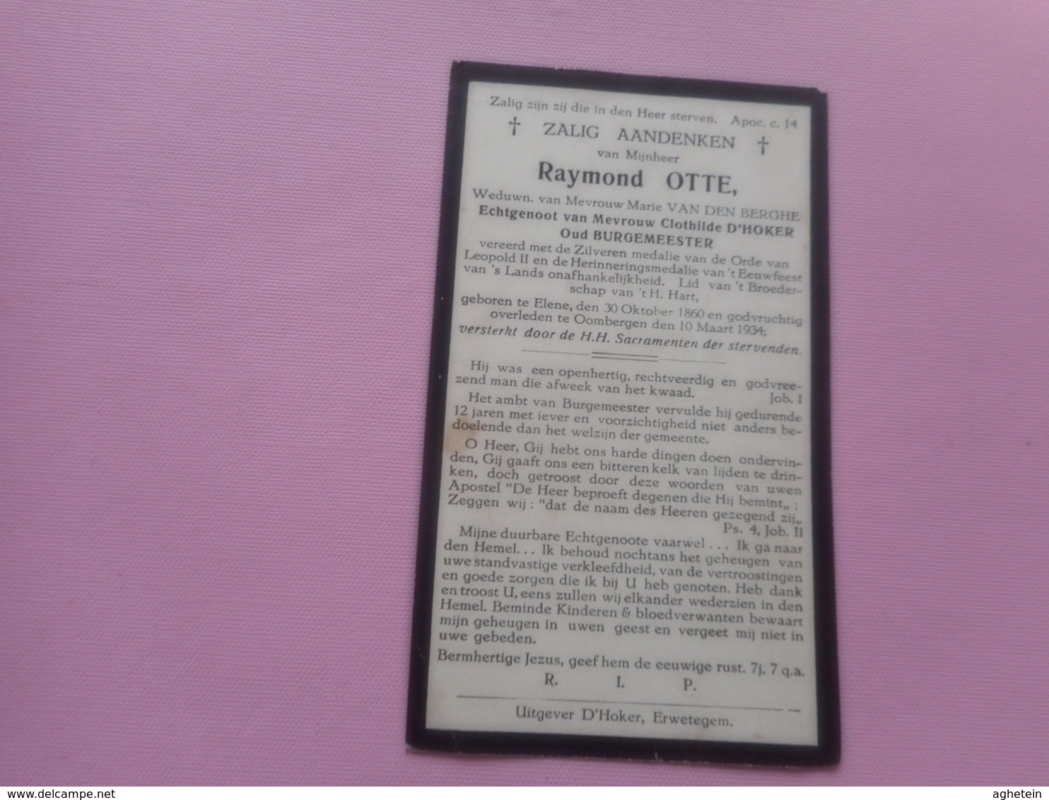D.P.-OUD BURGEMEESTER RAYMOND OTTE °ELENE 30-10-1860+OOMBERGEN 10-3-1934 - Religion & Esotérisme
