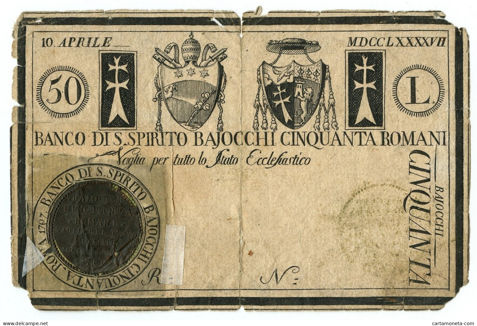 50 BAJOCCHI NON EMESSO PROGETTO VAGLIA BANCO DI SANTO SPIRITO 10/04/1797 MB+ - Altri & Non Classificati