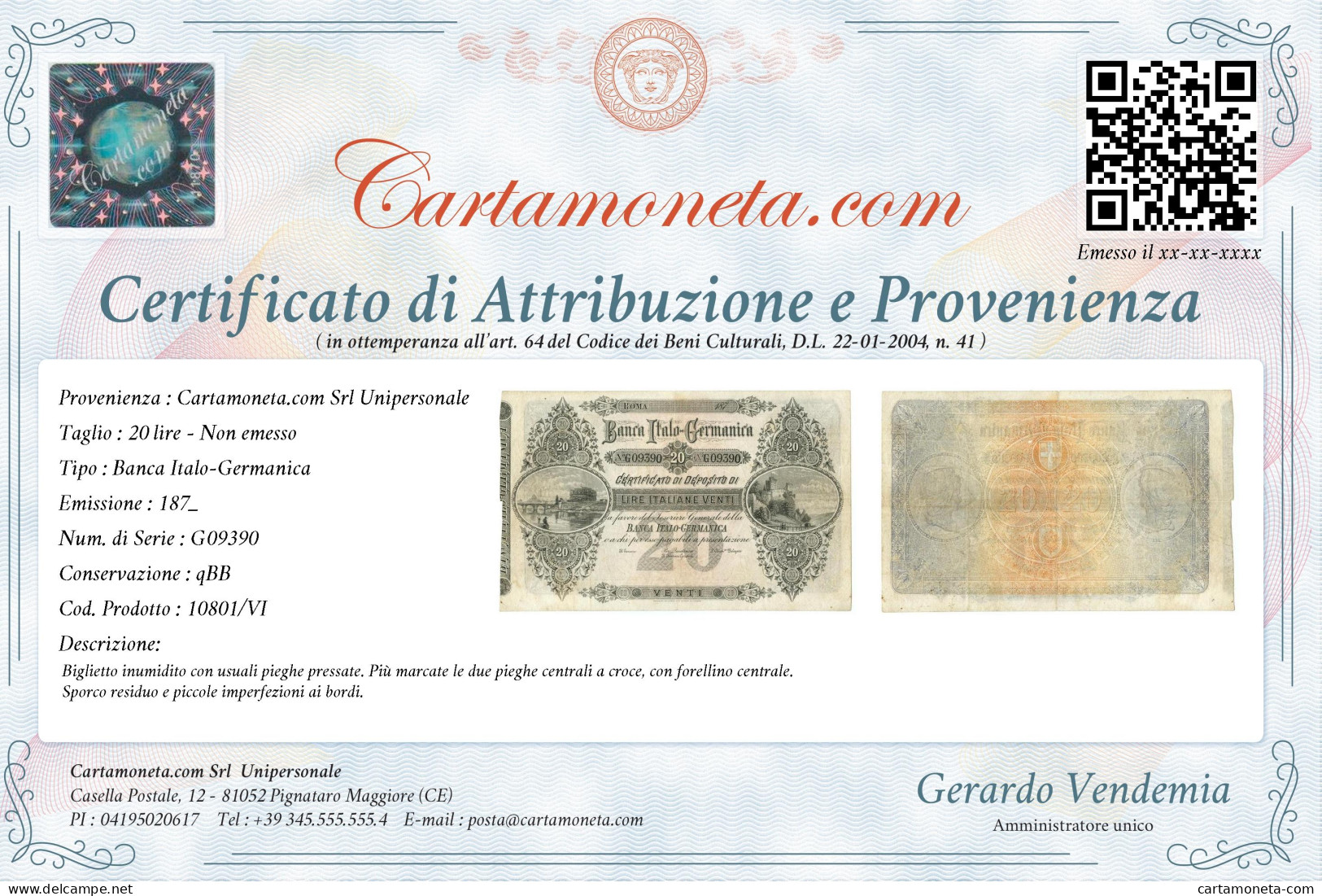 20 LIRE NON EMESSO BANCA ITALO-GERMANICA CERTIFICATO DI DEPOSITO 187_ QBB - Altri & Non Classificati