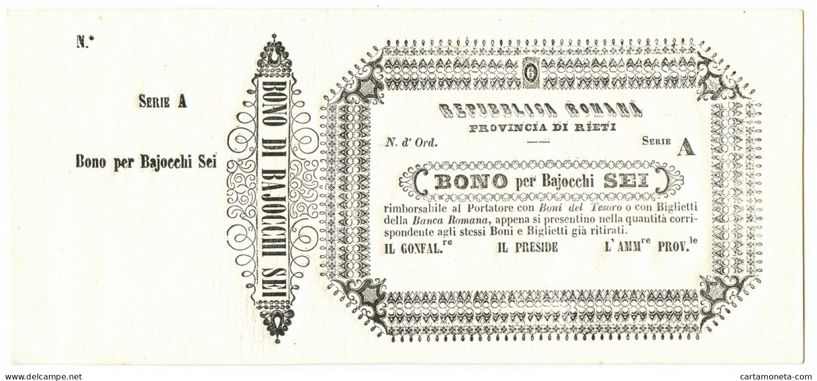 6 BAJOCCHI NON EMESSO MATRICE PROVINCIA RIETI REPUBBLICA ROMANA 06/04/1849 QFDS - Altri & Non Classificati