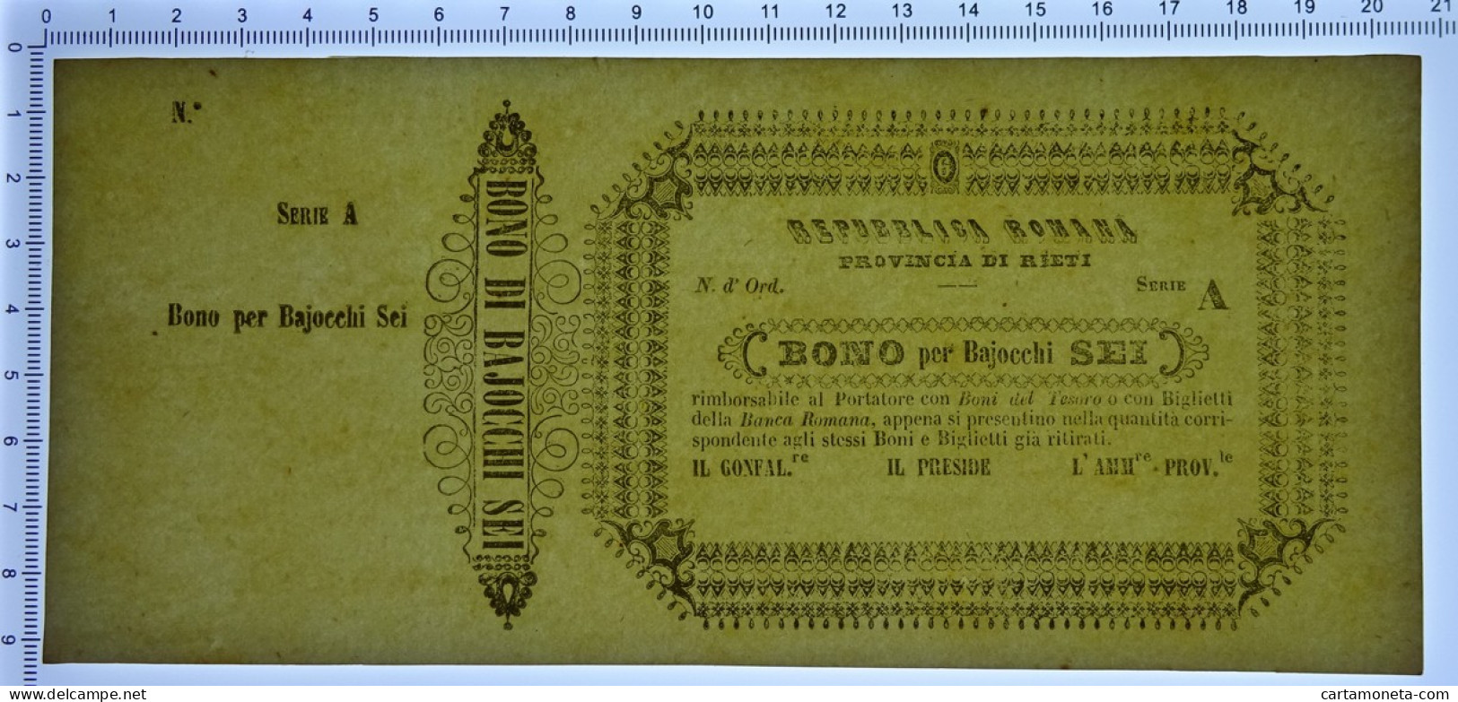 6 BAJOCCHI NON EMESSO MATRICE PROVINCIA RIETI REPUBBLICA ROMANA 06/04/1849 QFDS - Altri & Non Classificati