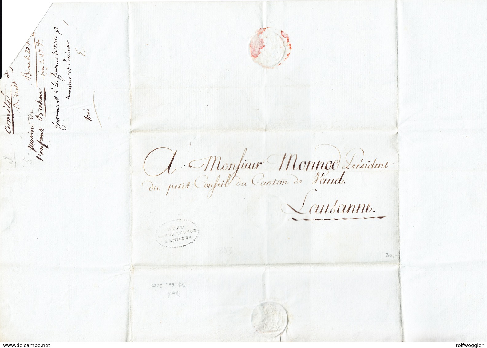 1803 Vorphilabrief Mit Stempel Bern Verwaltunskammer An President Des Kleinen Rates Kanton Waadt In Lausanne - ...-1845 Préphilatélie