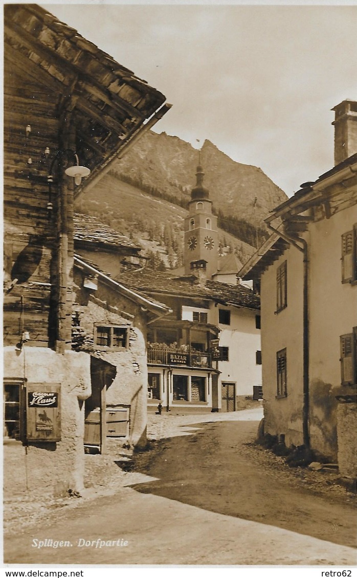 SPLÜGEN → Dorfstrasse Mit Der Kirche, Fotokarte Ca.1945 - Splügen