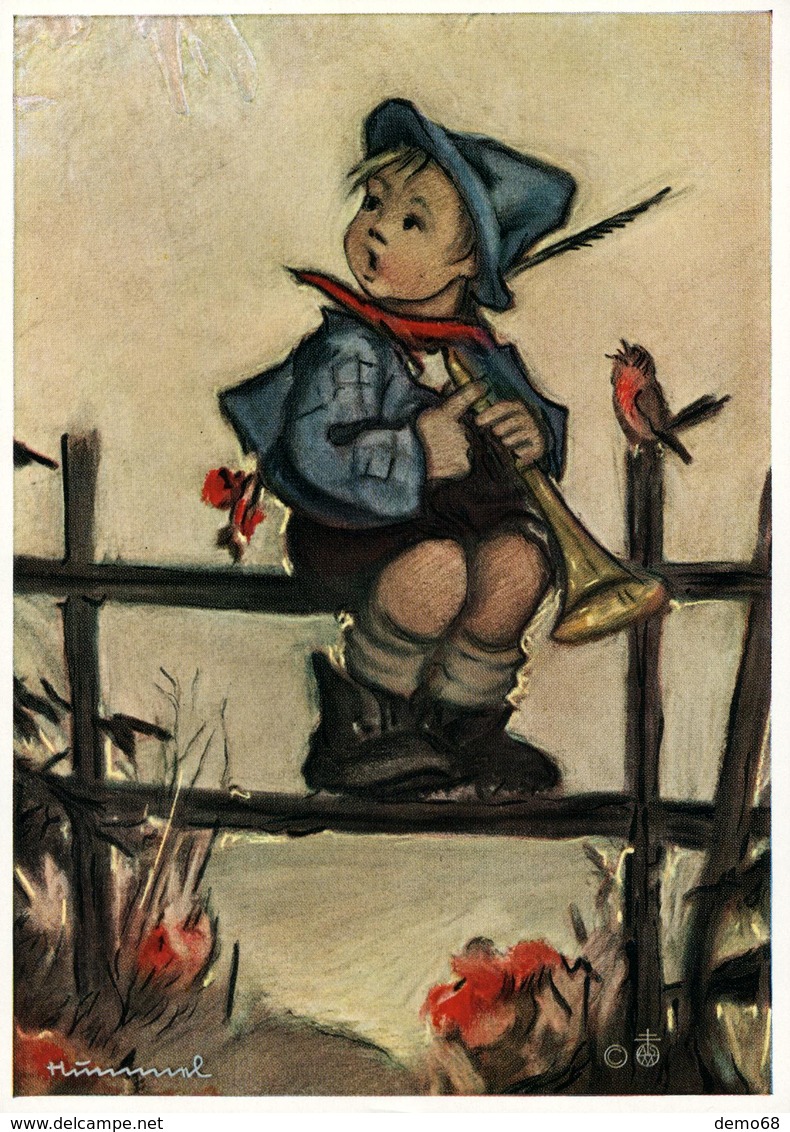 Illustrateur HUMMEL Fantaisie  Enfant Bonnet écharpe Flûtiau Musique Rouge Gorge - Hummel