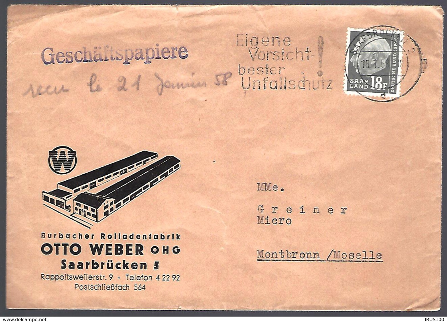 LETTRE EN PROVENANCE DE SAARBRÜCKEN - 1958 - ROLLADENFABRIK - - Lettres & Documents