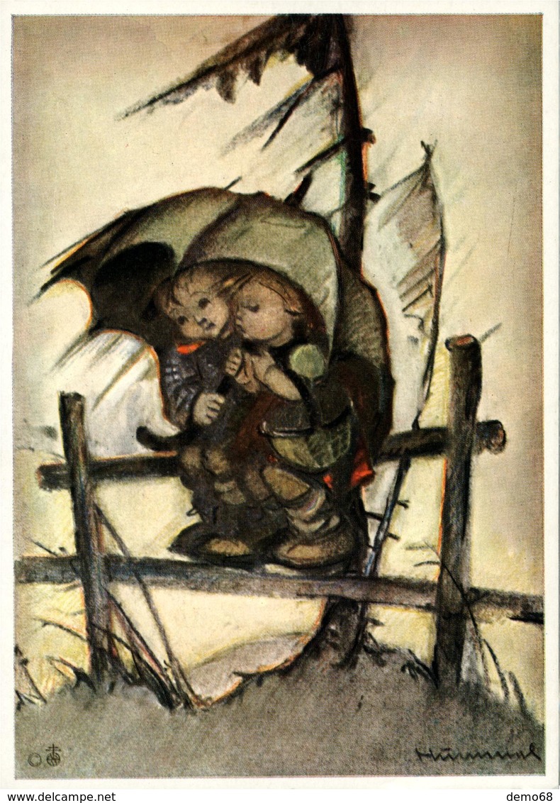 Illustrateur HUMMEL Fantaisie Couple Enfants Sous La Pluie Parapluie Vent Clôture - Hummel