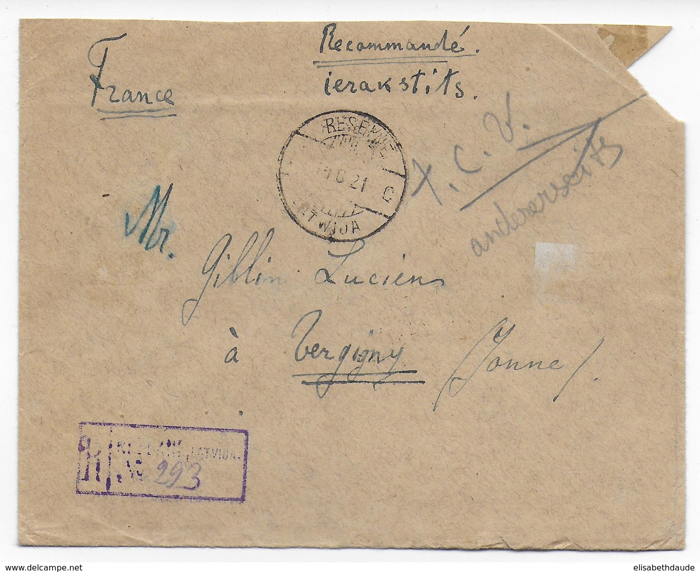 1921 - LETTONIE - ENVELOPPE RECOMMANDEE De RESEKNE => VERGIGNY - Lettonie