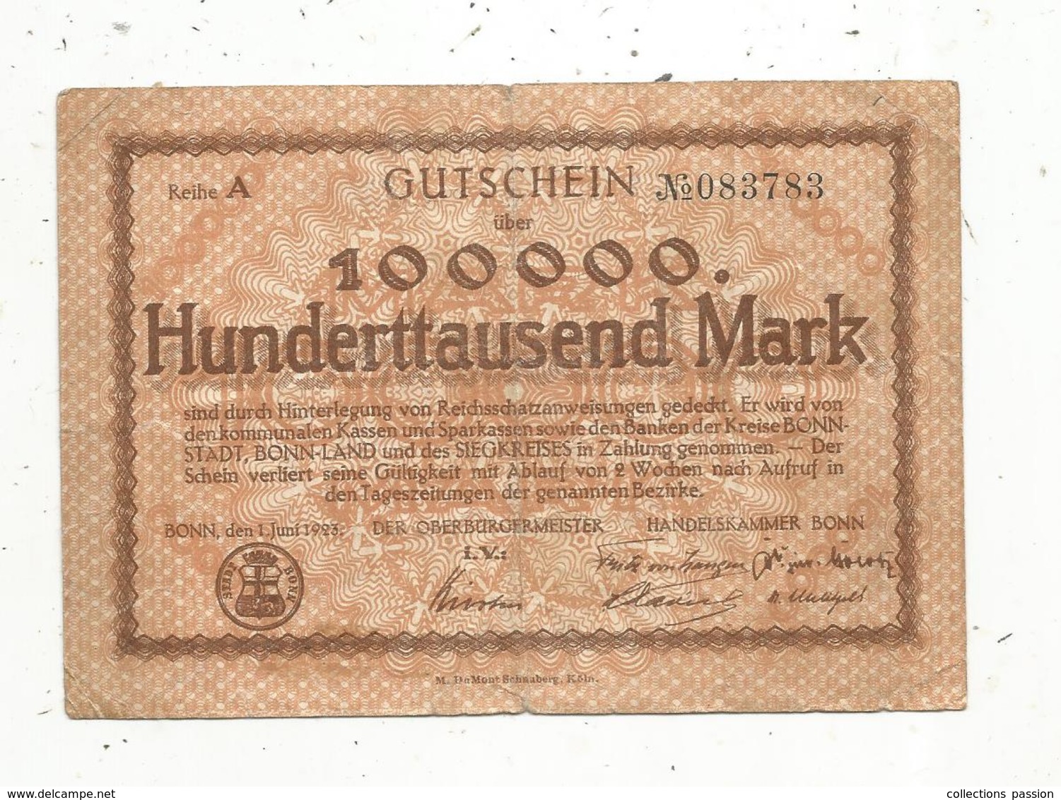 Billet ,Allemagne , 100000 Mark , STADT Bonn-land ,  1923,2 Scans - Zonder Classificatie