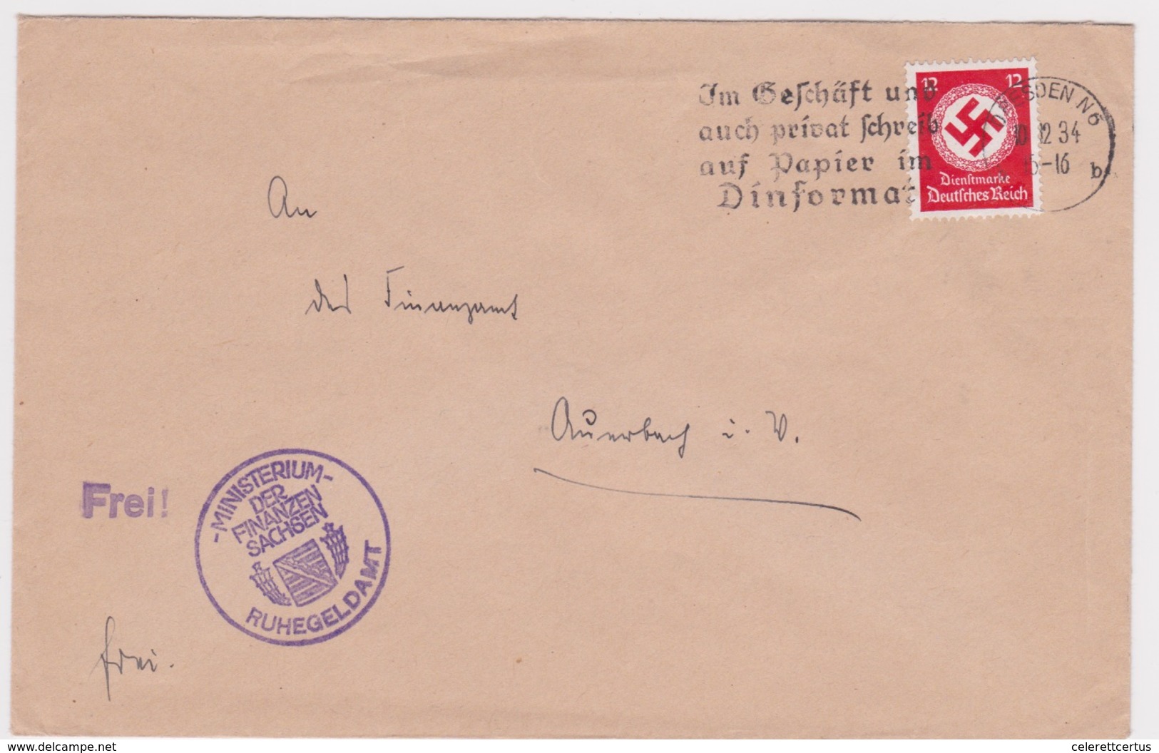 Germany-1934 Third Reich 12 Pf Red Official Stamp On Dresden No 6 Slogan Postmark Letter Cover - Storia Postale