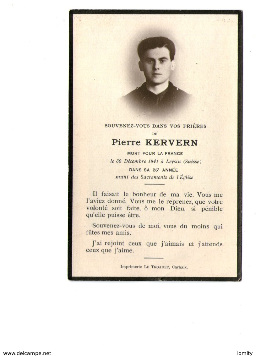 Souvenez Vous Dans Vos Prieres Pierre Kervern Mort Pour La France Le 30 Decembre 1941 Leysin Suisse Militaire Guerre - Images Religieuses