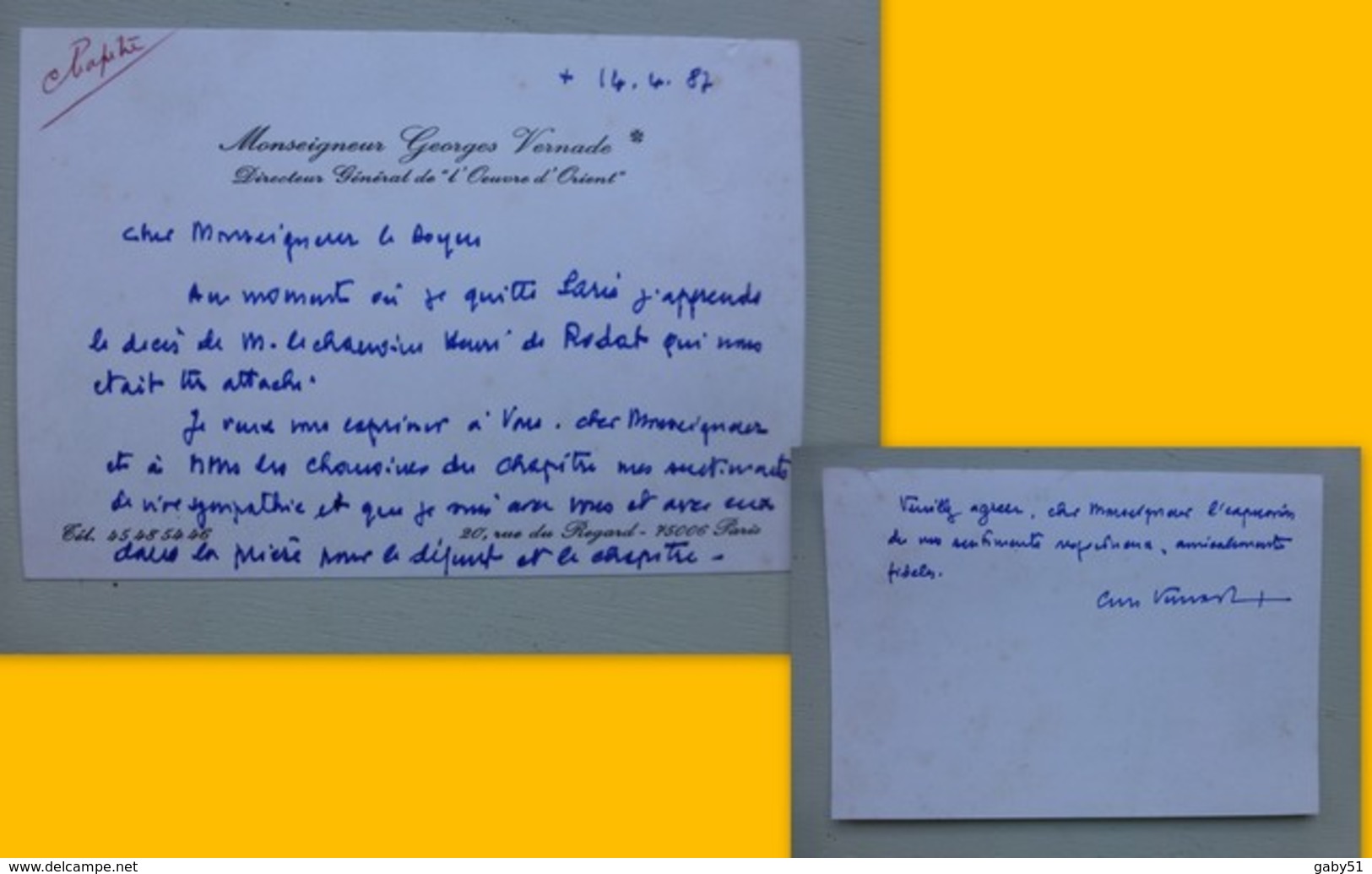 Georges Vernade, Oeuvre D'Orient, Carte Autographe à Mgr Le Cordier Ref 363 ; PAP04 - Otros & Sin Clasificación