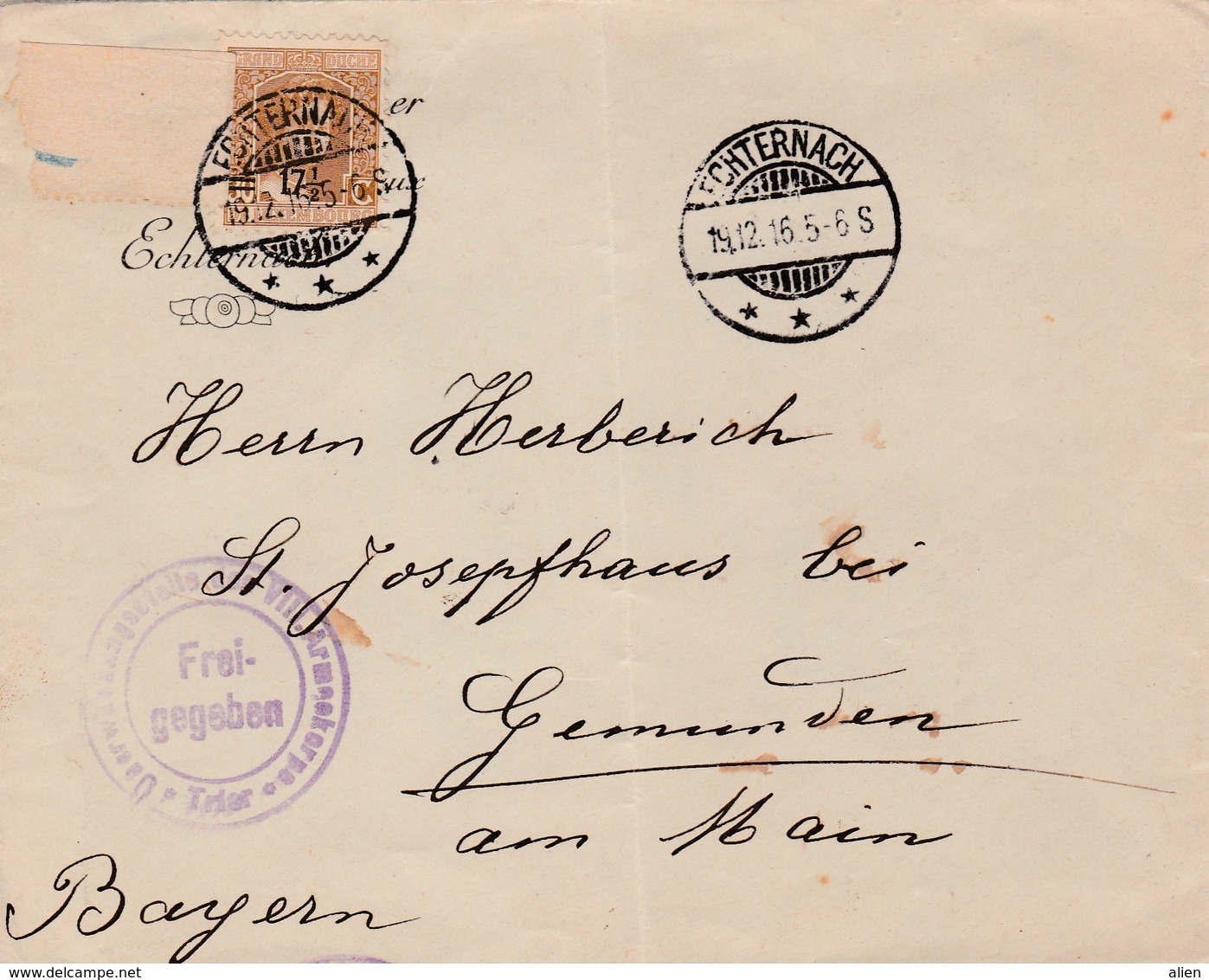 30 Ct Surchargé 17 1/2 (Yv 114) Sur Lettre Echternach 19.12.16 Vers Bayern - Censure "Trier Freigegeben". - 1914-24 Marie-Adélaïde