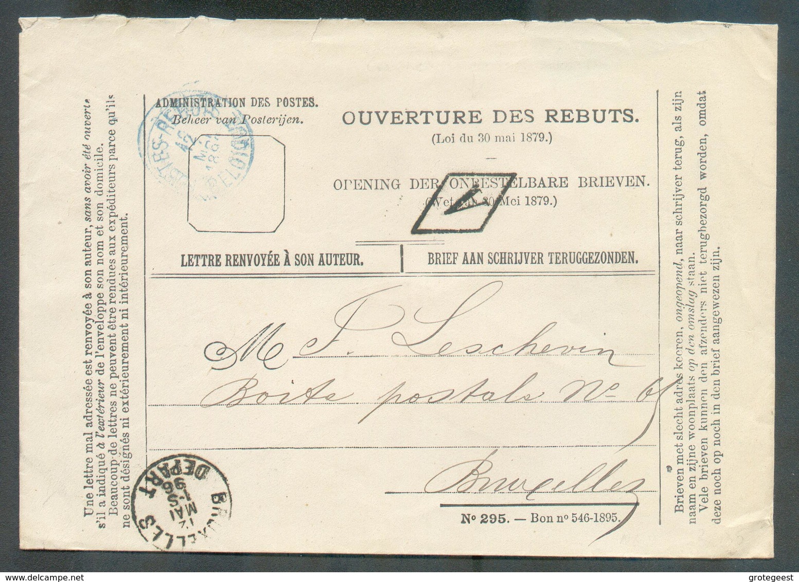 OUVERTURE DES REBUTS Enveloppe Càd POSTES REBUTS BELGIQUE N°295 - Bon N_546-1895 + Sc BRUXELLES DEPART 21 Mai 1896 Vers - Otros & Sin Clasificación