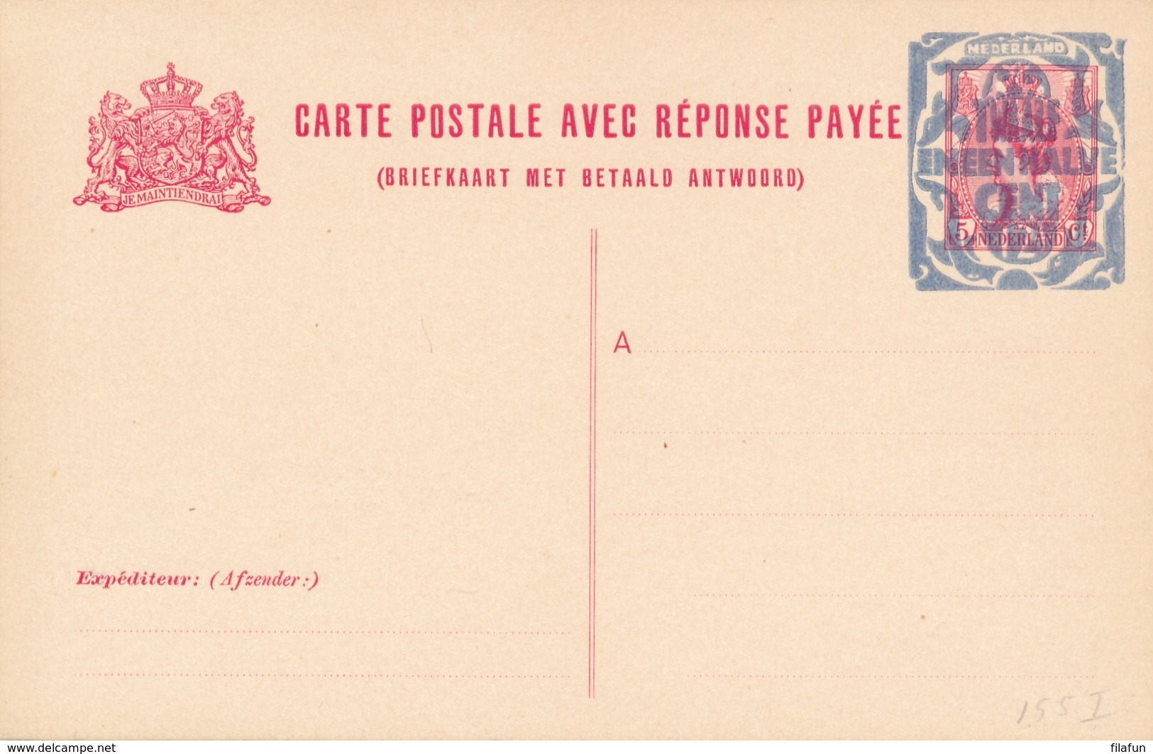 Nederland - 1921 - 12,5+12,5 Op 5+5 Cent Bontkraag, Briefkaart G155 I - Ongebruikt - Postal Stationery