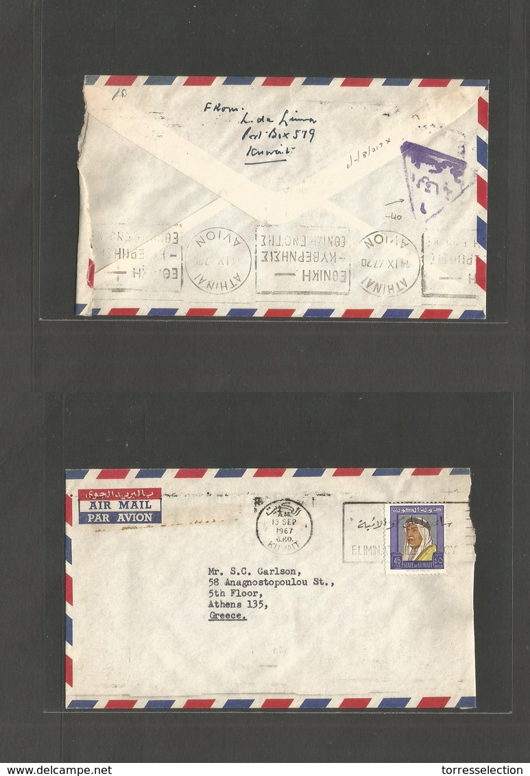 KUWAIT. 1967 (13 Sept) GPO - Greece, Athens (14 Nov) Air Franked Envelope. Special Censor Depart Cachet (reverse) Applie - Koweït