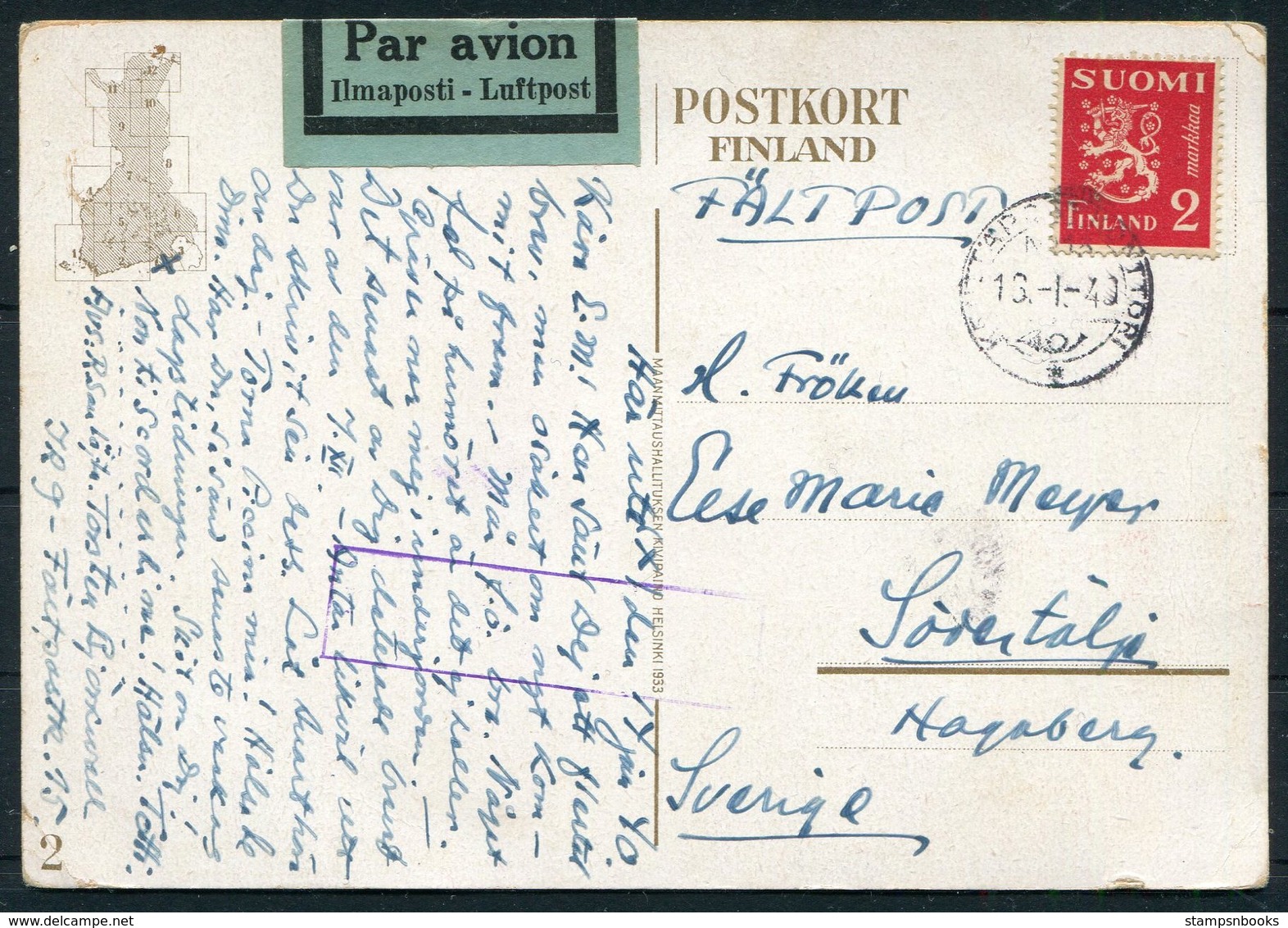 1940 Finland Kenttapostia Faltpost Map Postcard - Sweden - Storia Postale