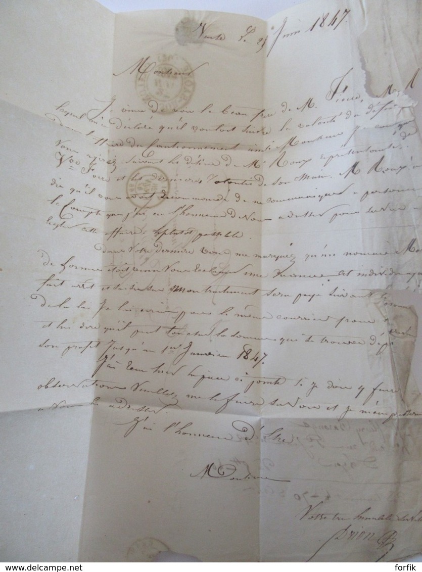 Lettre Vaise Vers Clamecy Avec Cachet Type 13 Chalon Sur Saône Au Verso - Datée 1847 - 1801-1848: Precursores XIX