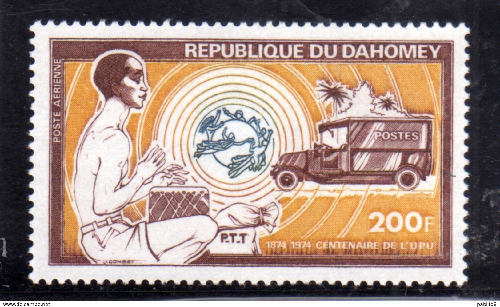 BENIN DAHOMEY 1974 UPU MAIL TRUCK RENAULT IN VILLAGE AFRICAN DRUMMER 200f MNH - Benin – Dahomey (1960-...)