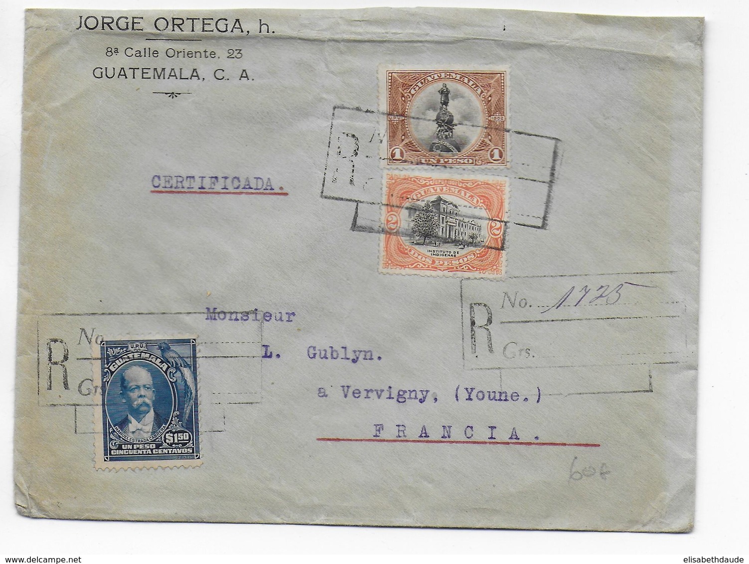 1919 - GUATEMALA - ENVELOPPE RECOMMANDEE  => VERGIGNY (YONNE) - Guatemala