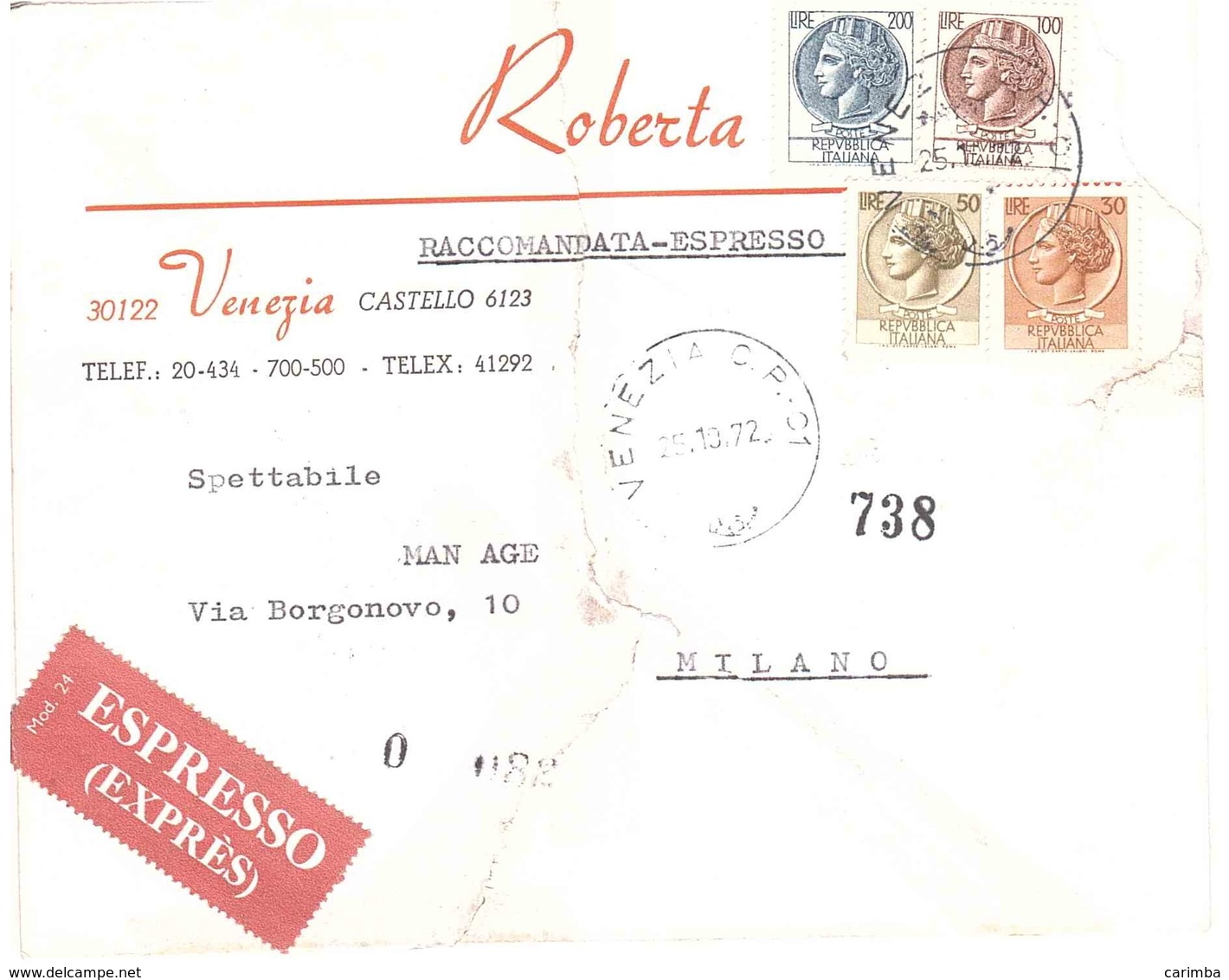 RACCOMANADATA ESPRESSO ROBERTA VENEZIA - 1971-80: Storia Postale