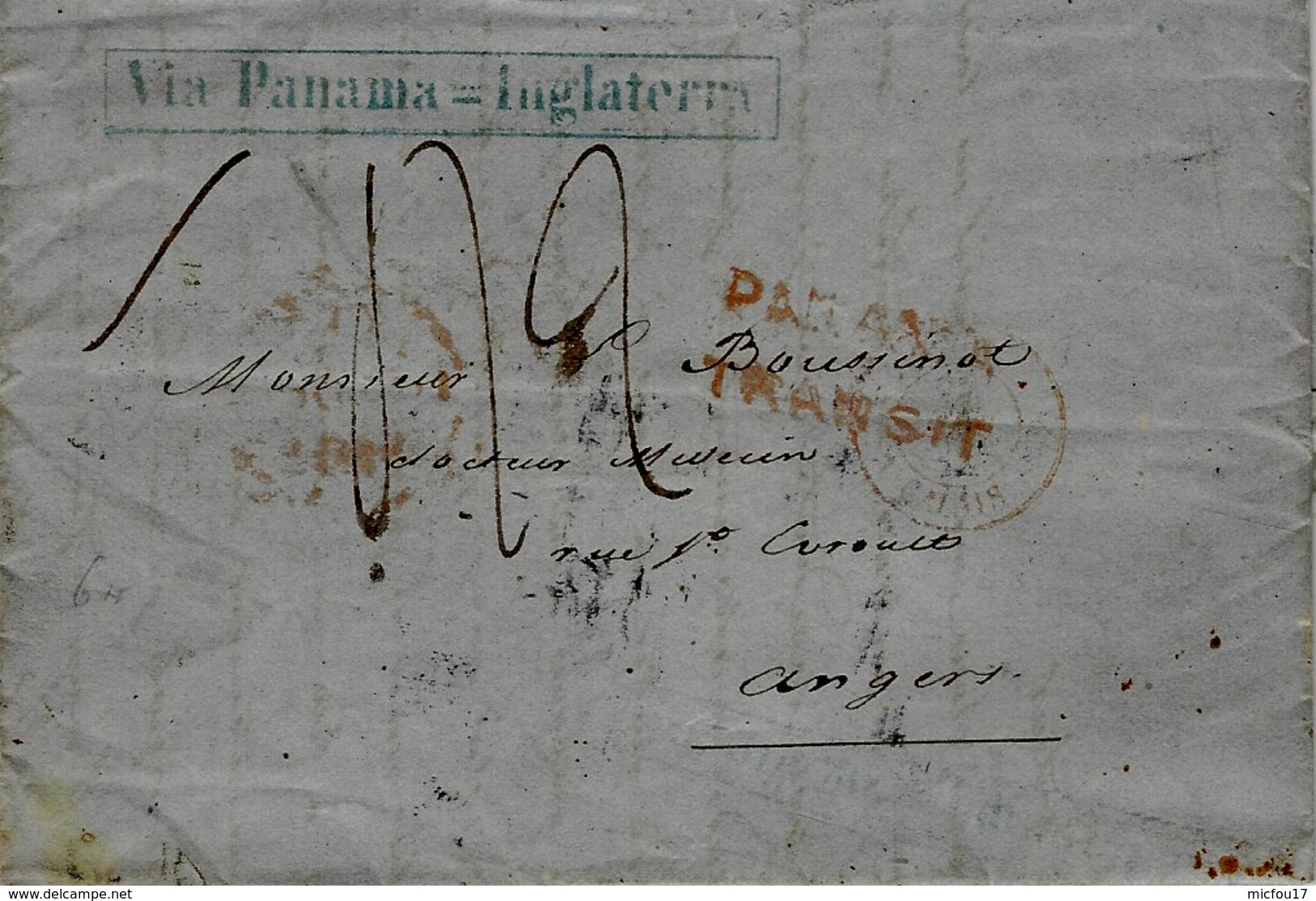 1852- Lettre De Valparaiso Pour  La France - VIA PANAMA=INGLATERRA Encadré Bleu +Panama Transit -taxe 42 D - Poste Maritime