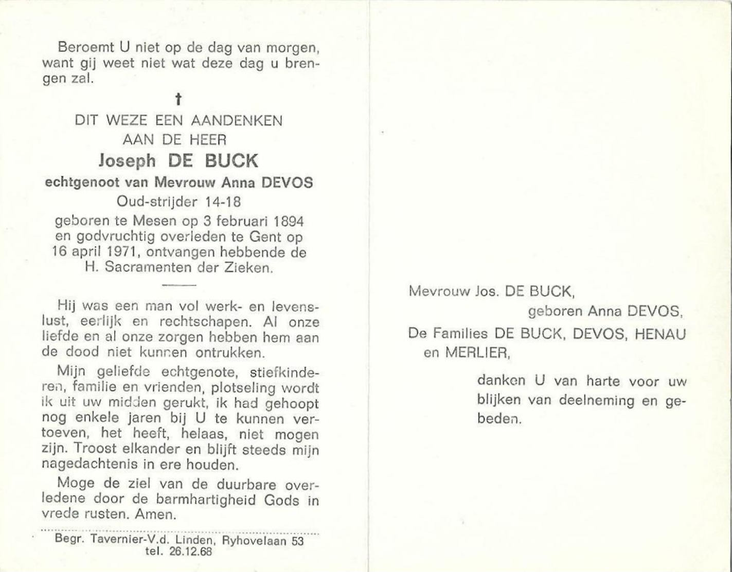 Doodsprentje Van Joseph DE BUCK- ° Te MESEN 1894- * GENT 1971- Oud-strijder 14-18 - Religione & Esoterismo