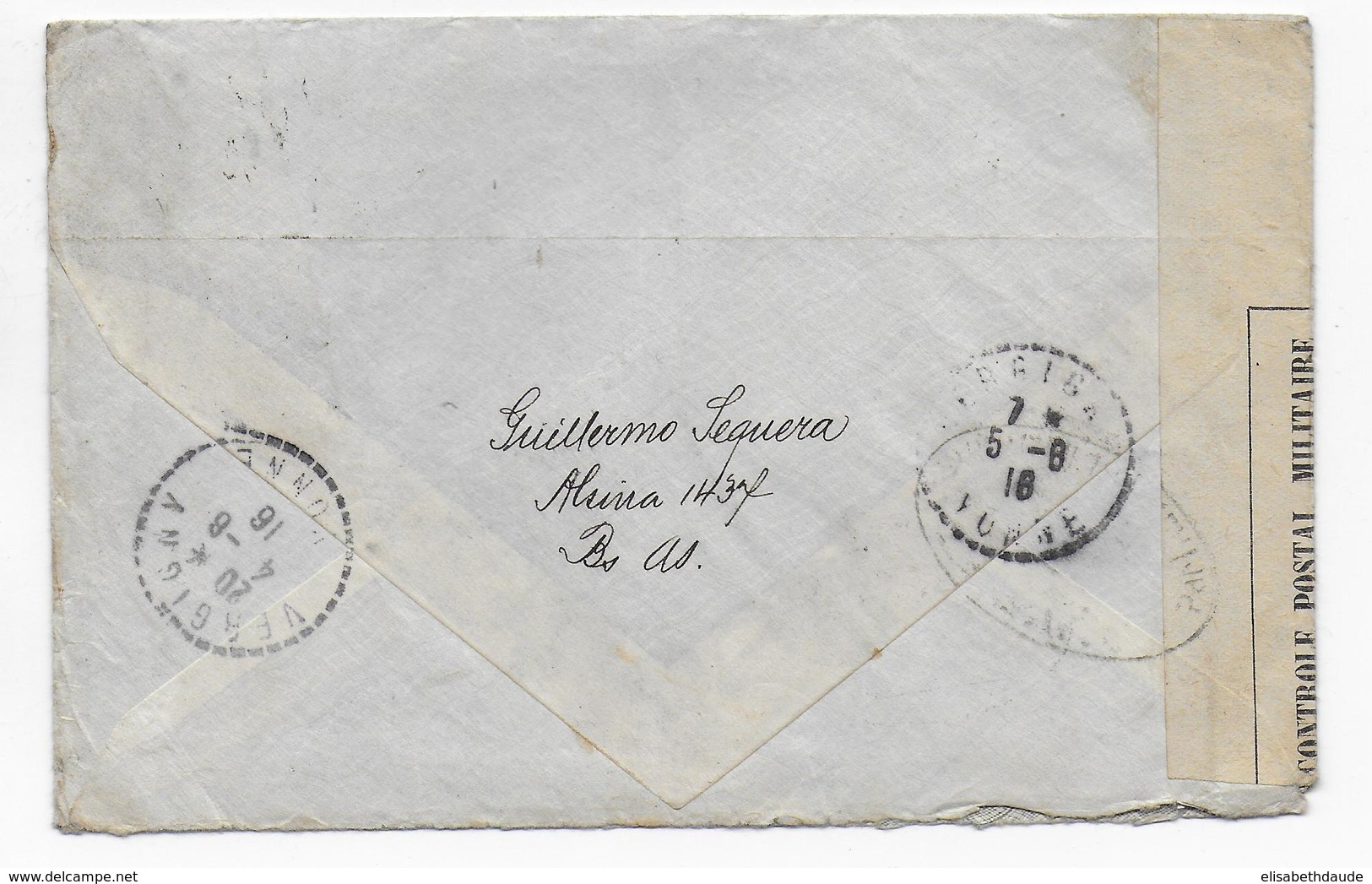 1916 - ARGENTINA - ENVELOPPE Avec CENSURE De BUENOS AIRES => VERGIGNY (YONNE) - Cartas & Documentos