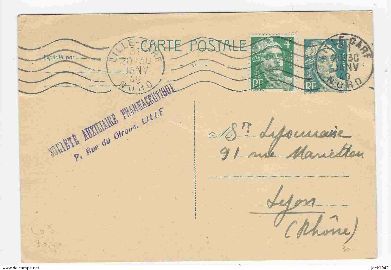 Yvert N° 807 Sur Entier 810 CP1 - Marianne De De Gandon 4f Vert-émeraude Sur Carte 8f Bleu-clair 1949 - Posttarife
