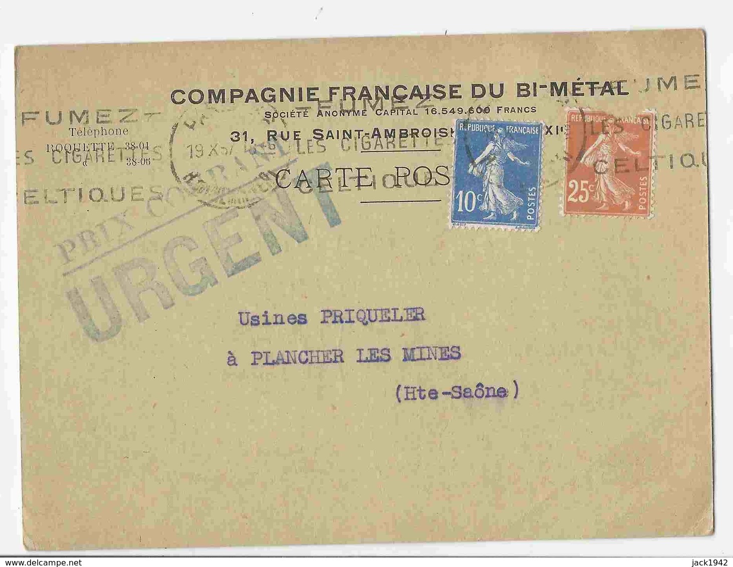 1937 - Yvert N° 235 Et 279  - Semeuse 25c Jaune-brun + 10c Outremer Sur Carte Au Tarif De 35c: Prix-courant Urgent - Tarifs Postaux