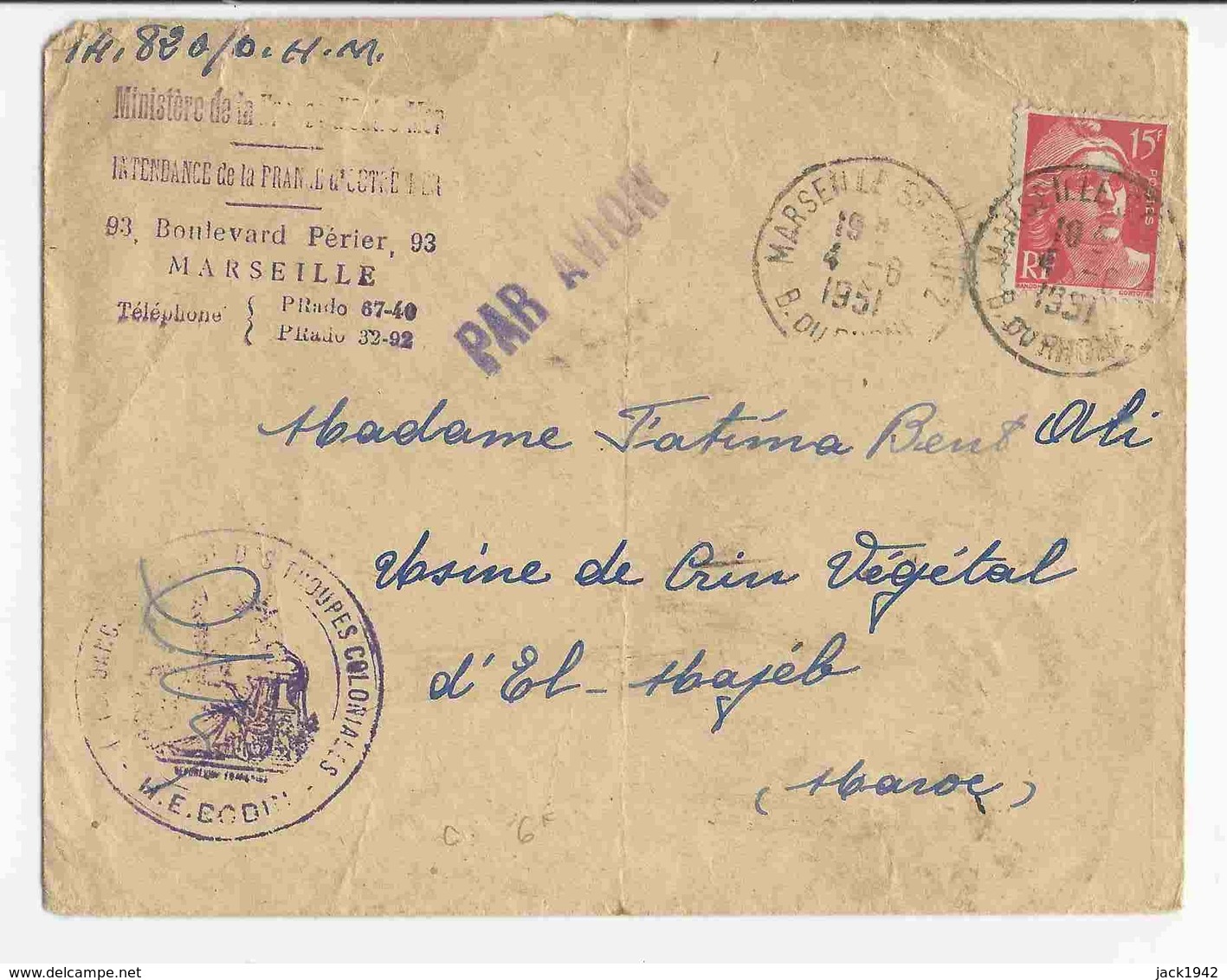 1937 - Yvert N° 813  - Marianne De Gandon 15f Rouge Sur Lettre FM Par Avion Pour Le Maroc - Tarifs Postaux