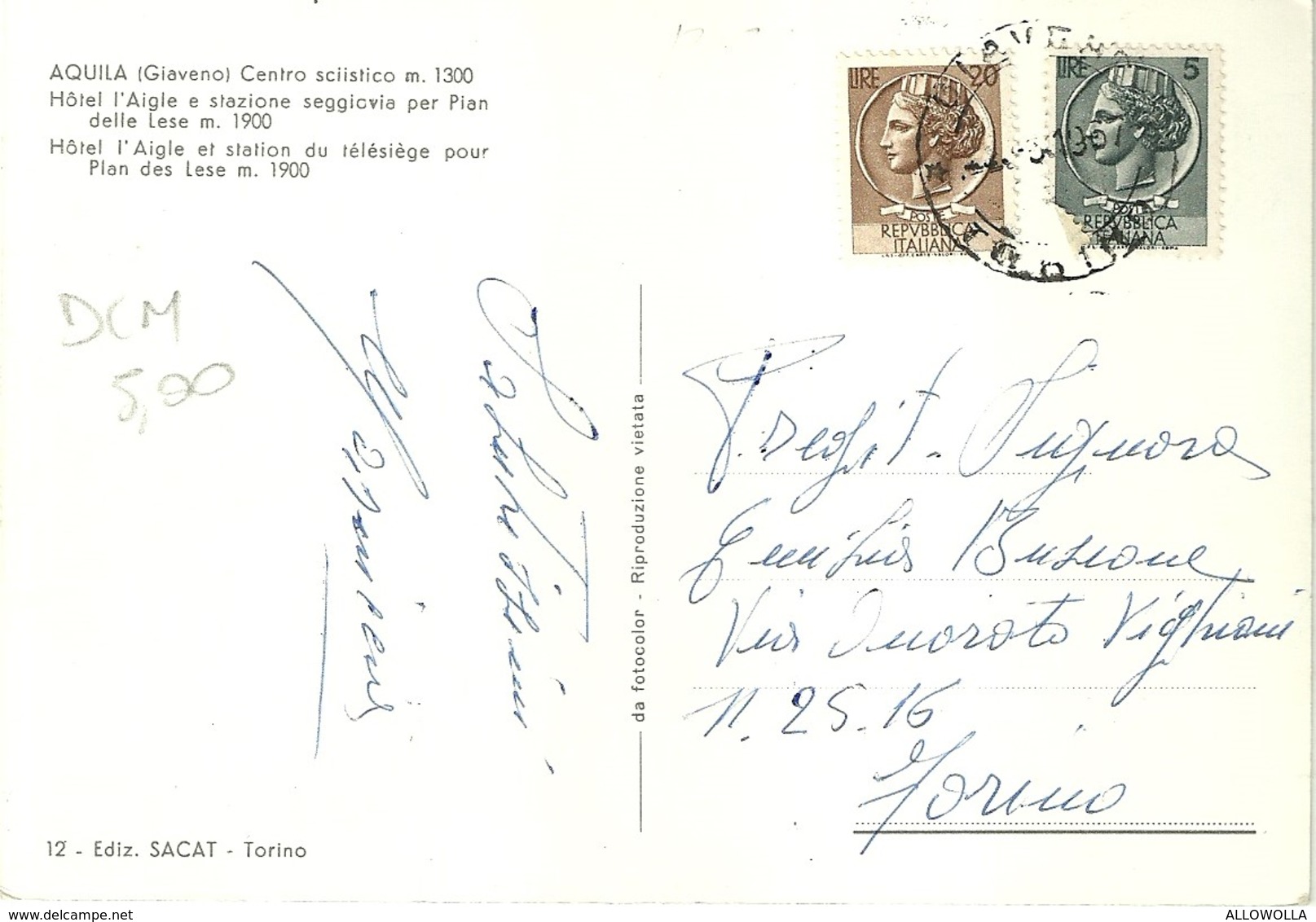 4985 "AQUILA-GIAVENO-C.TRO SCIISTICO M.1300-HOTEL L'AIGLE  E STAZ. SEGG. PER PIAN DELLE LESE"-CART. POST. ORIG.SPED.1957 - Altri & Non Classificati