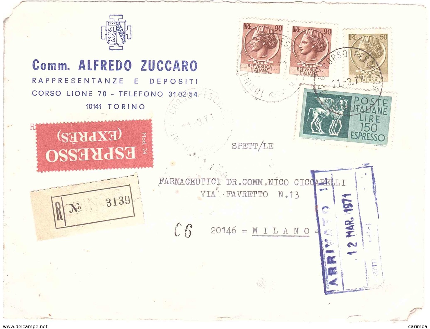 FRONTE RACCOMANADATA ESPRESSO ALFREDO ZUCCARO TORINO - 1971-80: Poststempel