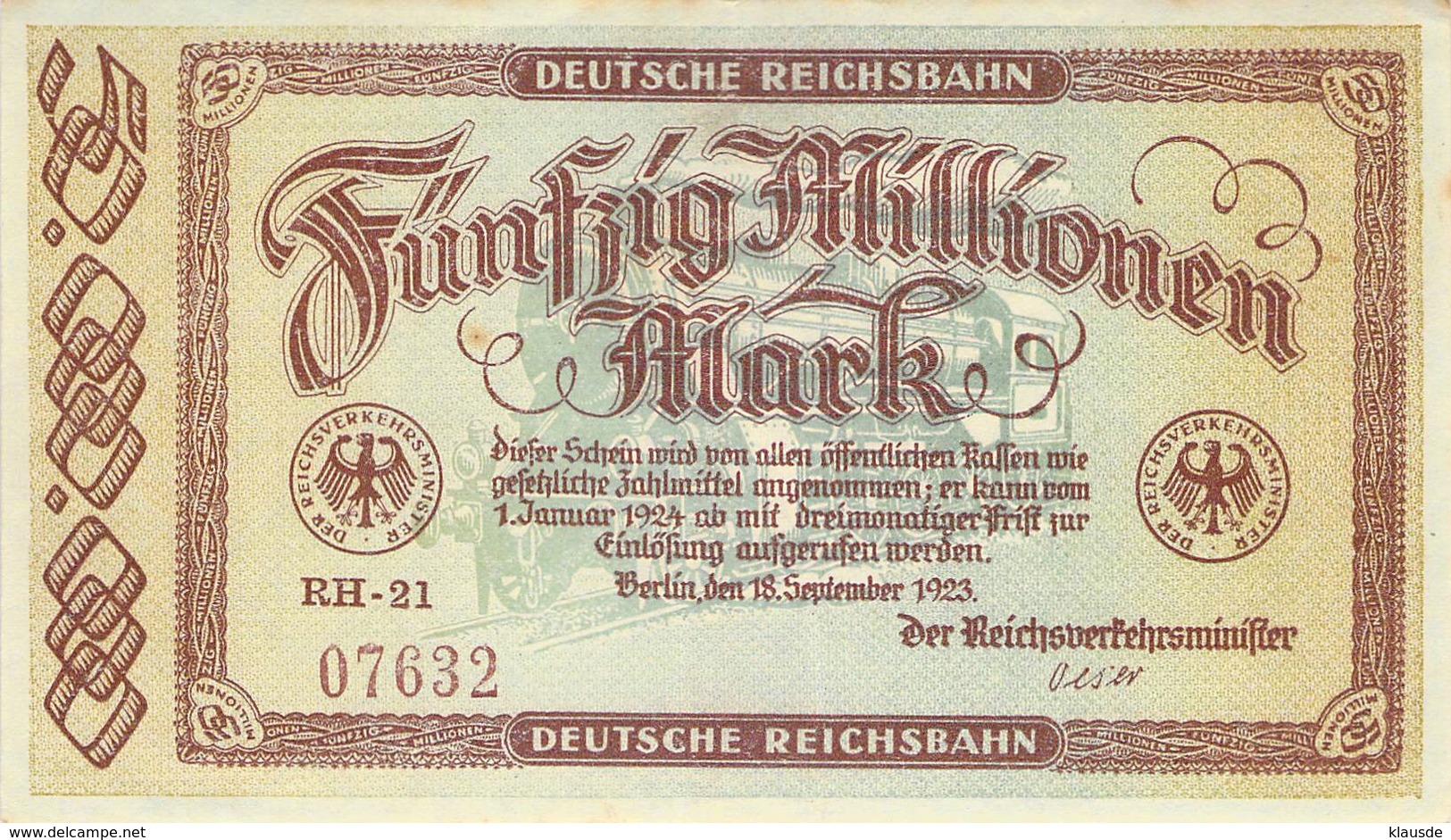 50 Mio Deutsche Reichsbahn UNC (I) - 50 Miljoen Mark