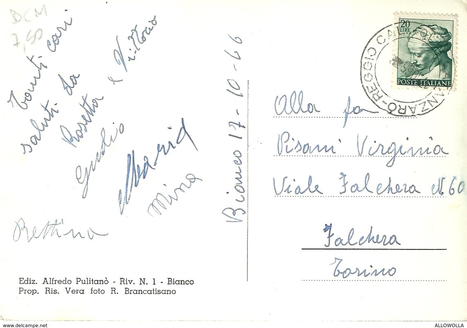 4993" SALUTI DA BIANCO "4 VEDUTE-PANORAMA-FESTA IN PAESE-SPIAGGE-CART. POST. ORIG. SPED.1966 - Saluti Da.../ Gruss Aus...